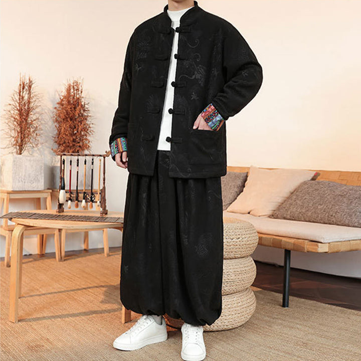 Conjunto de 2 piezas de traje Tang para hombre, de algodón, con botones de rana y dragón, de Buddha Stones , para otoño e invierno, con chaqueta y pantalones de manga larga. - image 7