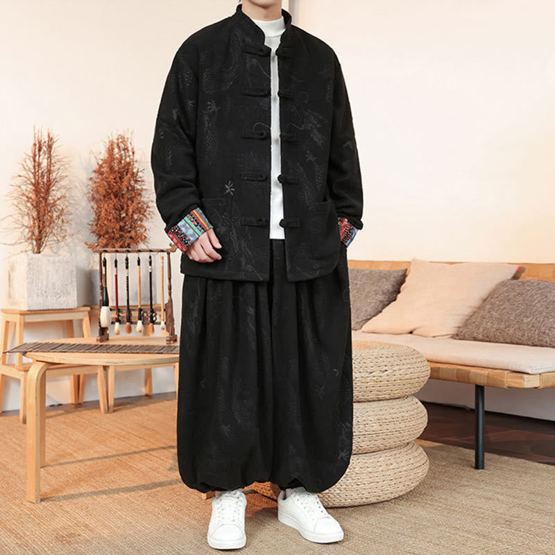 Conjunto de 2 piezas de traje Tang para hombre, de algodón, con botones de rana y dragón, de Buddha Stones , para otoño e invierno, con chaqueta y pantalones de manga larga. - image 6