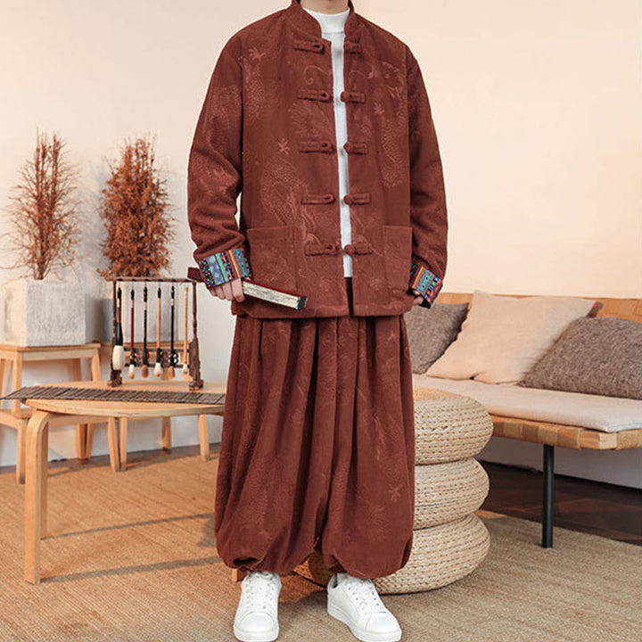 Conjunto de 2 piezas de traje Tang para hombre, de algodón, con botones de rana y dragón, de Buddha Stones , para otoño e invierno, con chaqueta y pantalones de manga larga. - image 12