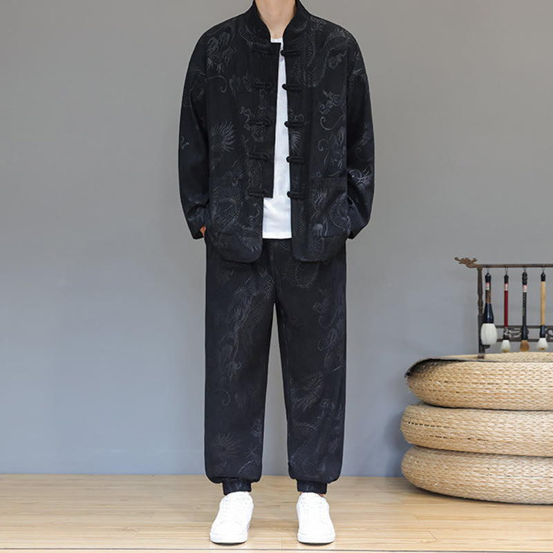 Conjunto de 2 piezas de traje Tang para hombre, de Buddha Stones , de otoño e invierno, con botones de rana de dragón, de algodón de pana, de manga larga, chaqueta y pantalones con bolsillos. - Negro - US/UK/AU46, EU56 (5XL) - image 12