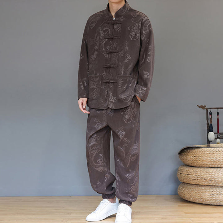 Conjunto de 2 piezas de traje Tang para hombre, de Buddha Stones , de otoño e invierno, con botones de rana de dragón, de algodón de pana, de manga larga, chaqueta y pantalones con bolsillos. - image 6