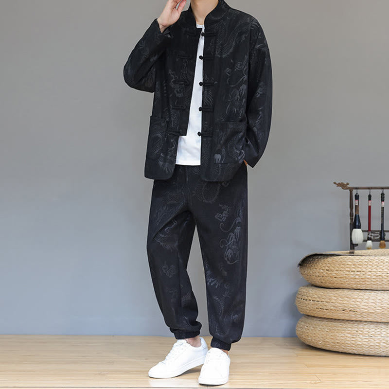 Conjunto de 2 piezas de traje Tang para hombre, de Buddha Stones , de otoño e invierno, con botones de rana de dragón, de algodón de pana, de manga larga, chaqueta y pantalones con bolsillos. - image 18