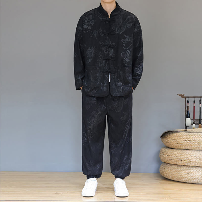 Conjunto de 2 piezas de traje Tang para hombre, de Buddha Stones , de otoño e invierno, con botones de rana de dragón, de algodón de pana, de manga larga, chaqueta y pantalones con bolsillos. - image 14