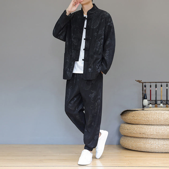 Conjunto de 2 piezas de traje Tang para hombre, de Buddha Stones , de otoño e invierno, con botones de rana de dragón, de algodón de pana, de manga larga, chaqueta y pantalones con bolsillos. - image 19