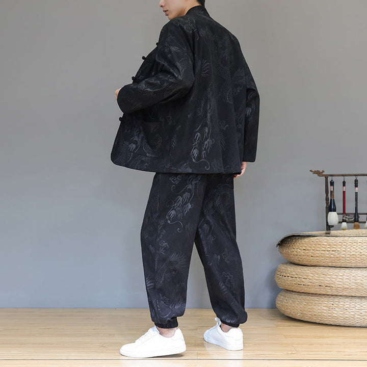 Conjunto de 2 piezas de traje Tang para hombre, de Buddha Stones , de otoño e invierno, con botones de rana de dragón, de algodón de pana, de manga larga, chaqueta y pantalones con bolsillos. - image 15