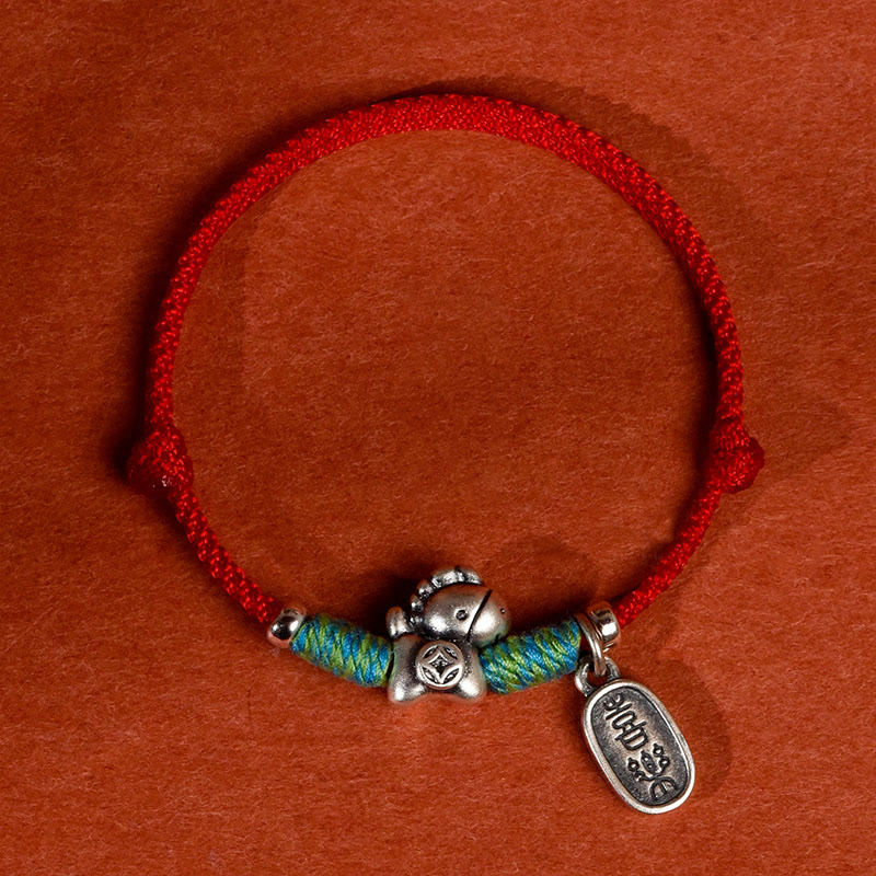 Pulsera tobillera trenzada con dijes de paz y alegría de plata de ley 925 con Buddha Stones y año del caballo. - Tobillera de hilo rojo para hombre - image 0