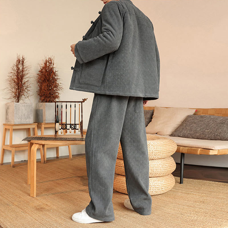 Conjunto de 2 piezas de traje Tang de invierno para hombre, de Buddha Stones , de algodón con botones de rana, chaqueta de manga larga y pantalones con bolsillos. - image 3