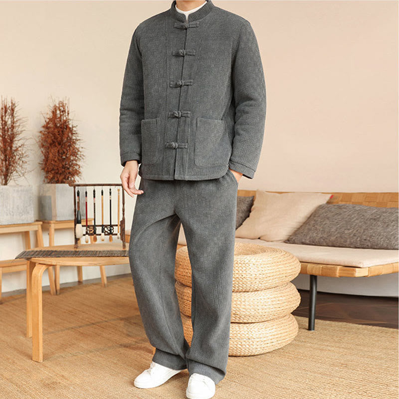 Conjunto de 2 piezas de traje Tang de invierno para hombre, de Buddha Stones , de algodón con botones de rana, chaqueta de manga larga y pantalones con bolsillos. - image 4