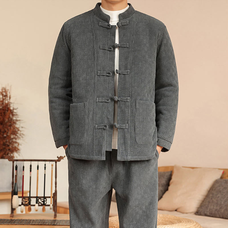 Conjunto de 2 piezas de traje Tang de invierno para hombre, de Buddha Stones , de algodón con botones de rana, chaqueta de manga larga y pantalones con bolsillos. - image 8