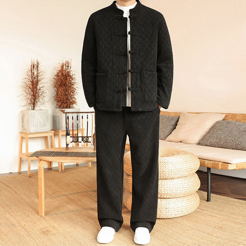 Conjunto de 2 piezas de traje Tang de invierno para hombre, de Buddha Stones , de algodón con botones de rana, chaqueta de manga larga y pantalones con bolsillos. - Negro - US/UK/AU46, EU56 (5XL) - image 17