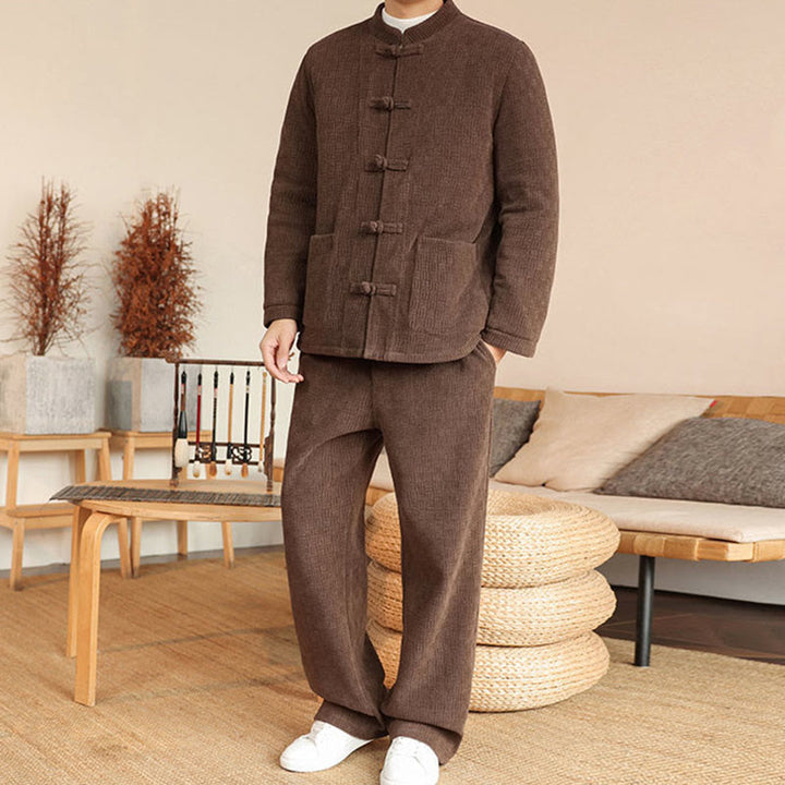Conjunto de 2 piezas de traje Tang de invierno para hombre, de Buddha Stones , de algodón con botones de rana, chaqueta de manga larga y pantalones con bolsillos. - image 32