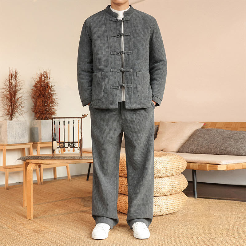 Conjunto de 2 piezas de traje Tang de invierno para hombre, de Buddha Stones , de algodón con botones de rana, chaqueta de manga larga y pantalones con bolsillos. - Gris - US/UK/AU46, EU56 (5XL) - image 0