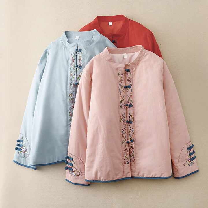 Chaqueta térmica de manga larga para mujer con bordado de flores de invierno y botones de rana de Buddha Stones - image 0