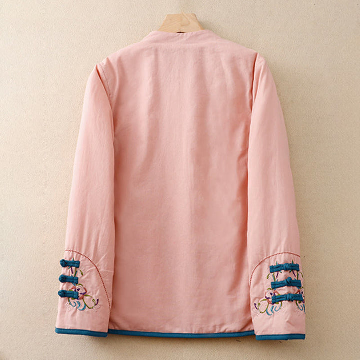 Chaqueta térmica de manga larga para mujer con bordado de flores de invierno y botones de rana de Buddha Stones - image 8