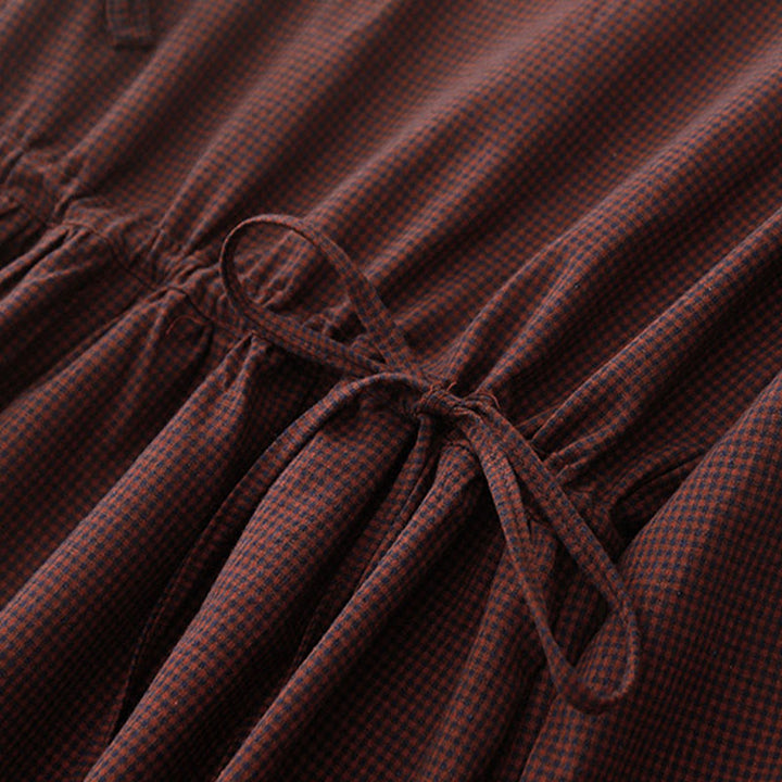 Vestido midi de manga larga con cuello alto, botones de rana y bolsillos, diseño de Buddha Stones Fall en marrón - image 7