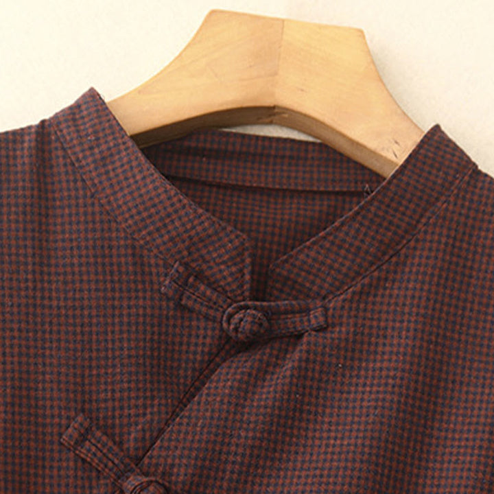 Vestido midi de manga larga con cuello alto, botones de rana y bolsillos, diseño de Buddha Stones Fall en marrón - image 2