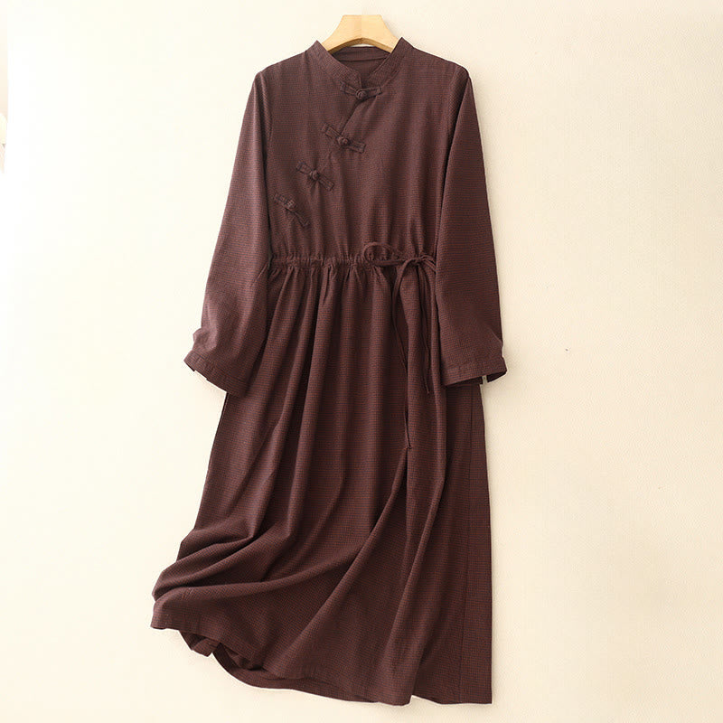 Vestido midi de manga larga con cuello alto, botones de rana y bolsillos, diseño de Buddha Stones Fall en marrón - SaddleBrown - US8-10，UK/AU12-14，EU40-42 (2XL) - image 0