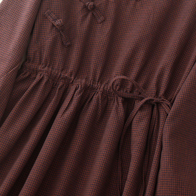 Vestido midi de manga larga con cuello alto, botones de rana y bolsillos, diseño de Buddha Stones Fall en marrón - image 5