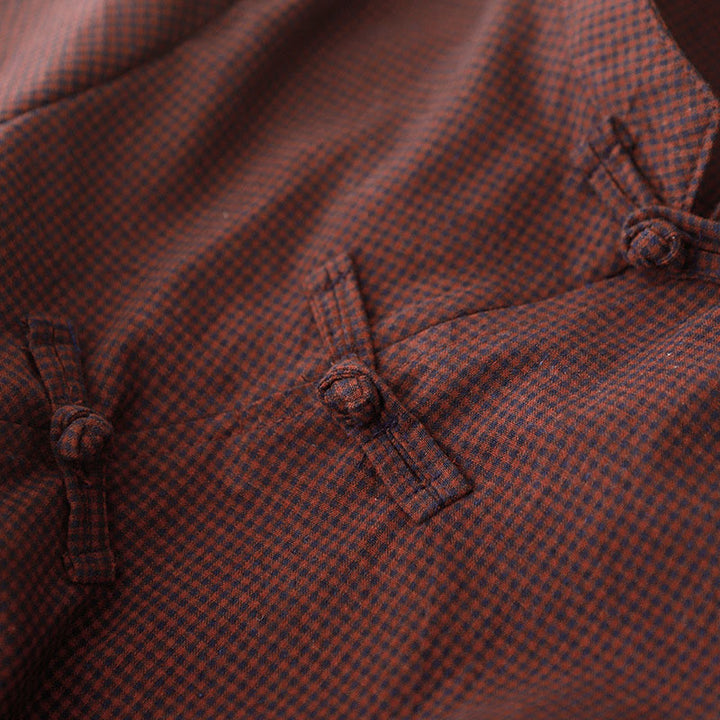 Vestido midi de manga larga con cuello alto, botones de rana y bolsillos, diseño de Buddha Stones Fall en marrón - image 4