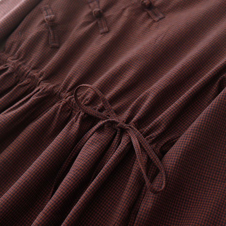 Vestido midi de manga larga con cuello alto, botones de rana y bolsillos, diseño de Buddha Stones Fall en marrón - image 6