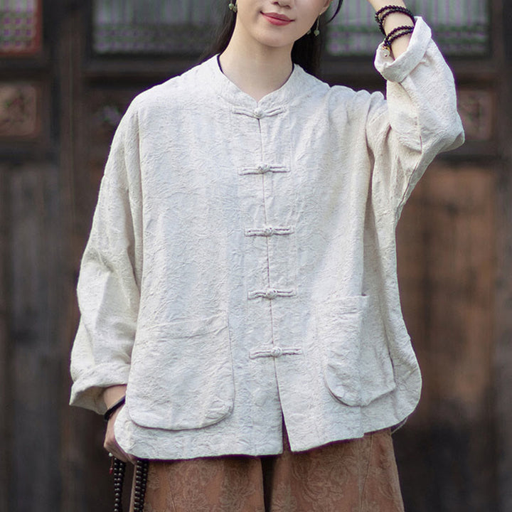 Camisa de manga larga con botones de rana para mujer, pantalones de algodón y lino con estampado de Buddha Stones en otoño, jacquard - Camisa beige - US4-6, UK/AU8-10, EU36-38 (F) - image 22