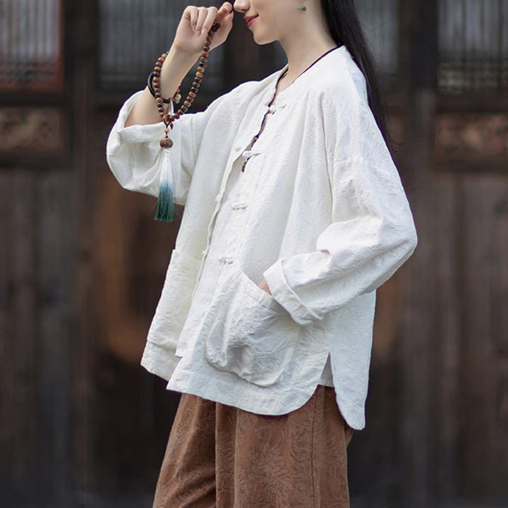 Camisa de manga larga con botones de rana para mujer, pantalones de algodón y lino con estampado de Buddha Stones en otoño, jacquard - image 17