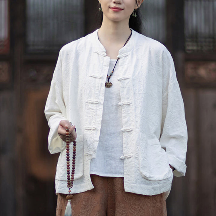Camisa de manga larga con botones de rana para mujer, pantalones de algodón y lino con estampado de Buddha Stones en otoño, jacquard - image 14