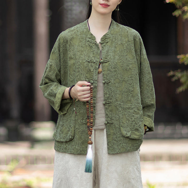 Camisa de manga larga con botones de rana para mujer, pantalones de algodón y lino con estampado de Buddha Stones en otoño, jacquard - image 2