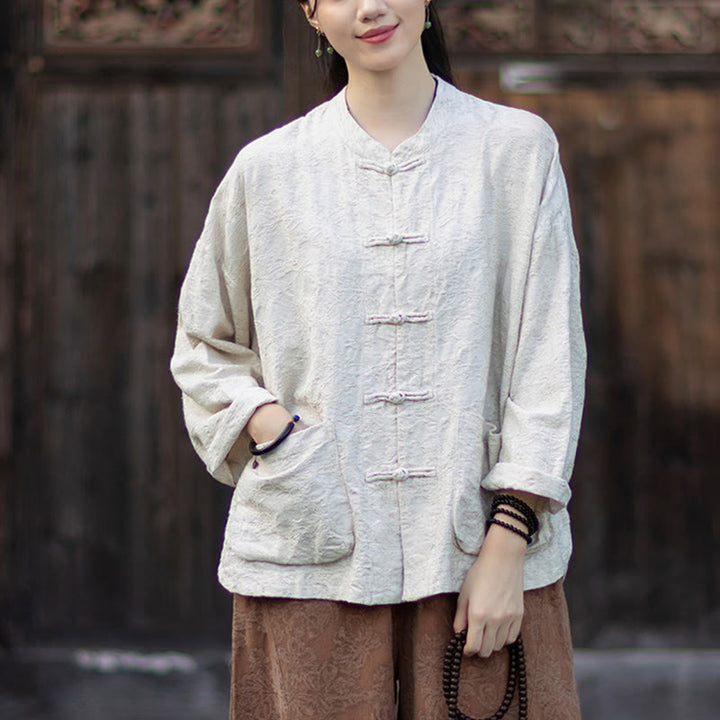 Camisa de manga larga con botones de rana para mujer, pantalones de algodón y lino con estampado de Buddha Stones en otoño, jacquard - image 23
