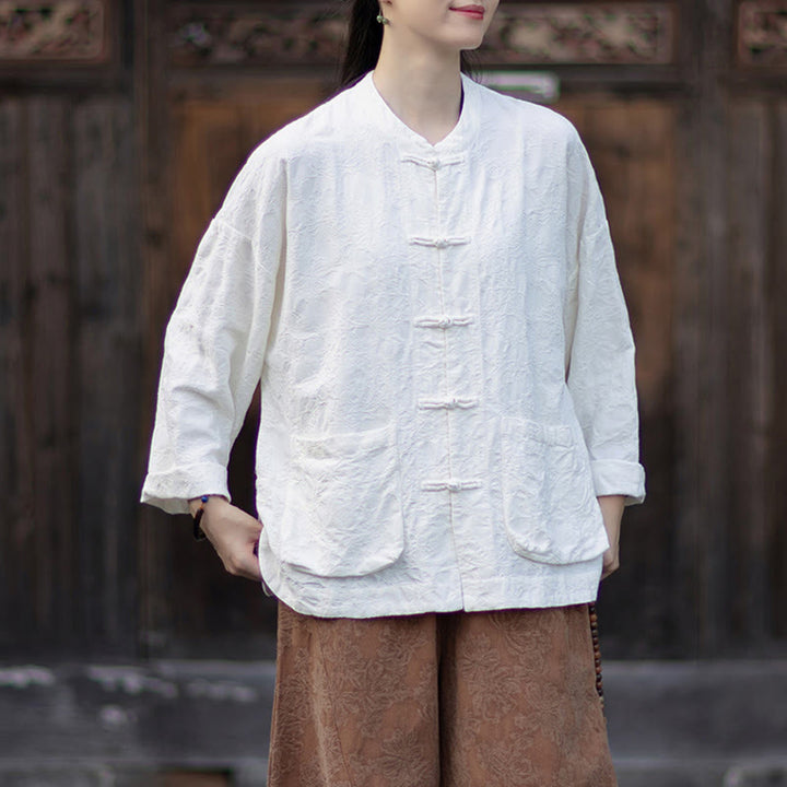 Camisa de manga larga con botones de rana para mujer, pantalones de algodón y lino con estampado de Buddha Stones en otoño, jacquard - image 15