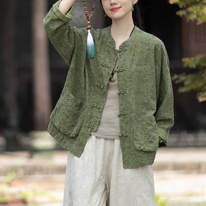 Camisa de manga larga con botones de rana para mujer, pantalones de algodón y lino con estampado de Buddha Stones en otoño, jacquard - image 4