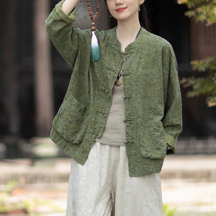 Camisa de manga larga con botones de rana para mujer, pantalones de algodón y lino con estampado de Buddha Stones en otoño, jacquard - image 4