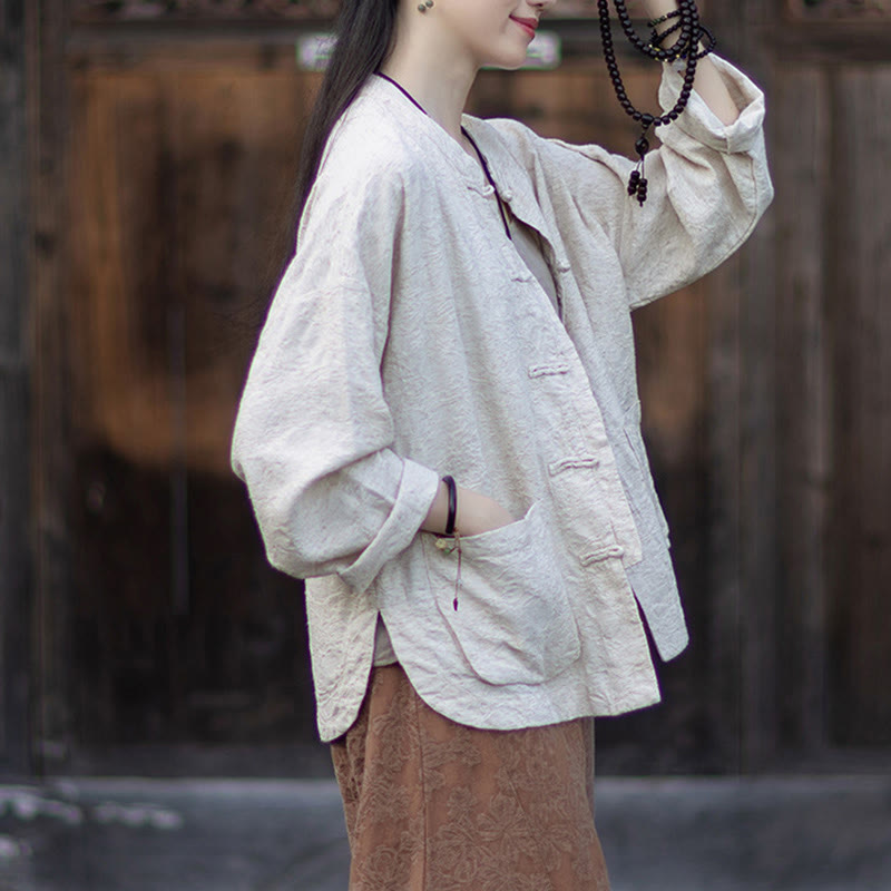 Camisa de manga larga con botones de rana para mujer, pantalones de algodón y lino con estampado de Buddha Stones en otoño, jacquard - image 25