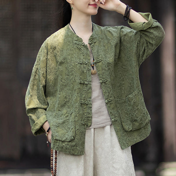 Camisa de manga larga con botones de rana para mujer, pantalones de algodón y lino con estampado de Buddha Stones en otoño, jacquard - image 9