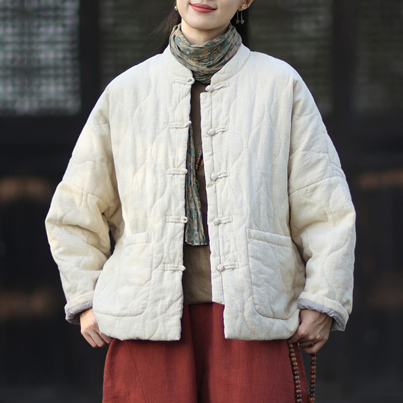 Chaqueta térmica de manga larga para mujer de algodón ramio con botones de rana y líneas curvas de Buddha Stones con bolsillos - Lino - US4-12, UK/AU8-16, EU36-44 (F) - image 14