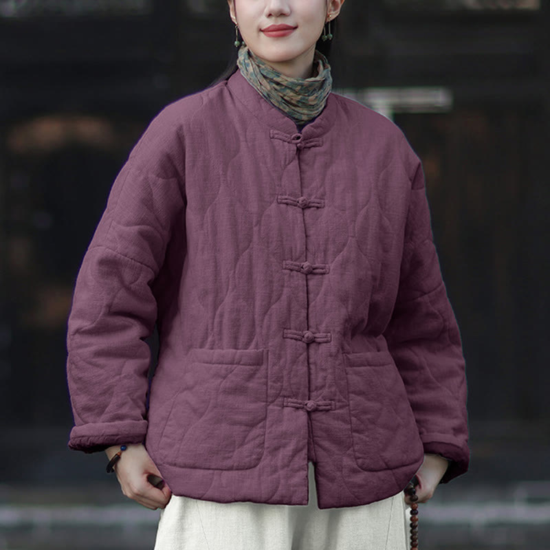 Chaqueta térmica de manga larga para mujer de algodón ramio con botones de rana y líneas curvas de Buddha Stones con bolsillos - image 42