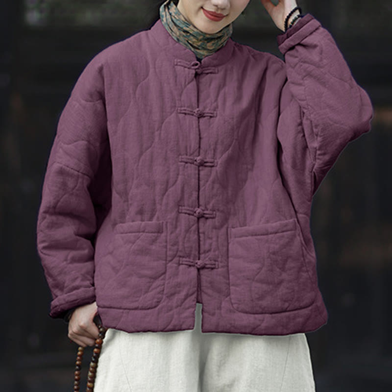 Chaqueta térmica de manga larga para mujer de algodón ramio con botones de rana y líneas curvas de Buddha Stones con bolsillos - image 40