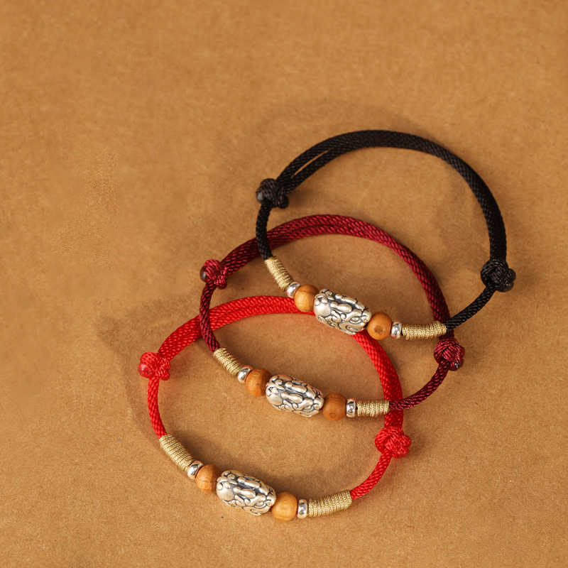 Pulsera tobillera trenzada hecha a mano con cuentas de madera de melocotón y dije de Pixiu de Buddha Stones en plata de ley 999. - image 22