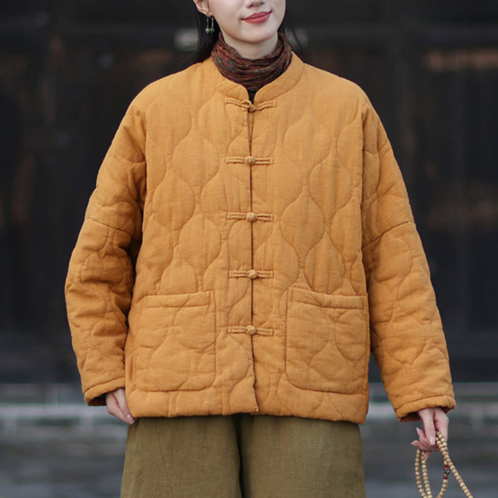 Chaqueta térmica de manga larga para mujer de algodón ramio con botones de rana y líneas curvas de Buddha Stones con bolsillos - image 4