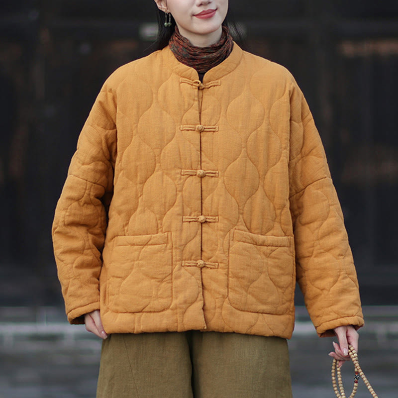 Chaqueta térmica de manga larga para mujer de algodón ramio con botones de rana y líneas curvas de Buddha Stones con bolsillos - image 4