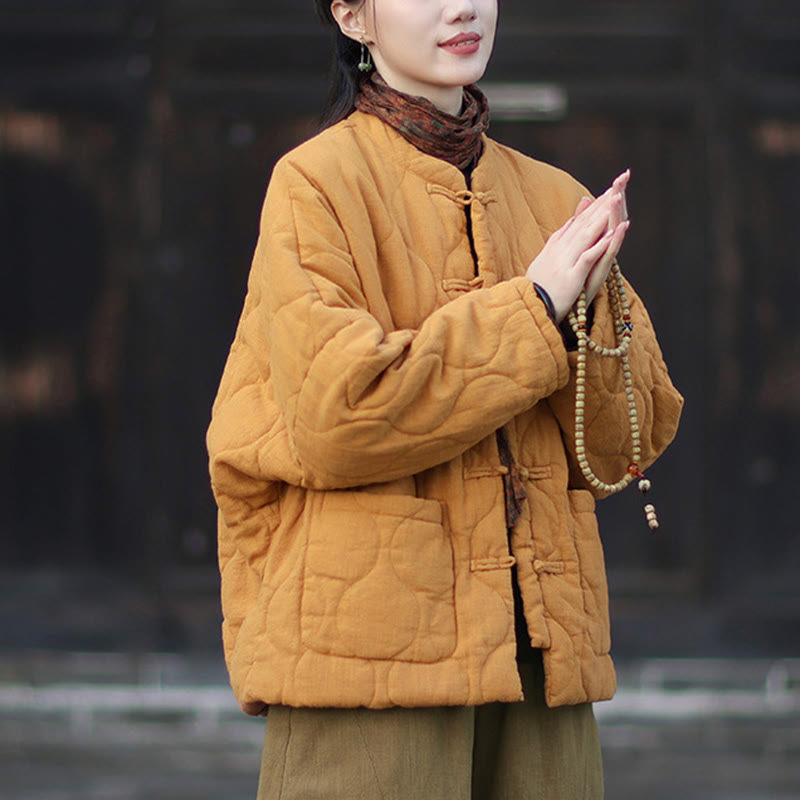 Chaqueta térmica de manga larga para mujer de algodón ramio con botones de rana y líneas curvas de Buddha Stones con bolsillos - image 6