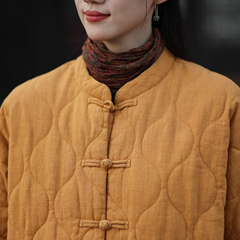 Chaqueta térmica de manga larga para mujer de algodón ramio con botones de rana y líneas curvas de Buddha Stones con bolsillos - image 11