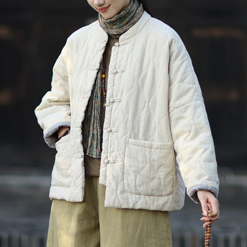 Chaqueta térmica de manga larga para mujer de algodón ramio con botones de rana y líneas curvas de Buddha Stones con bolsillos - image 16