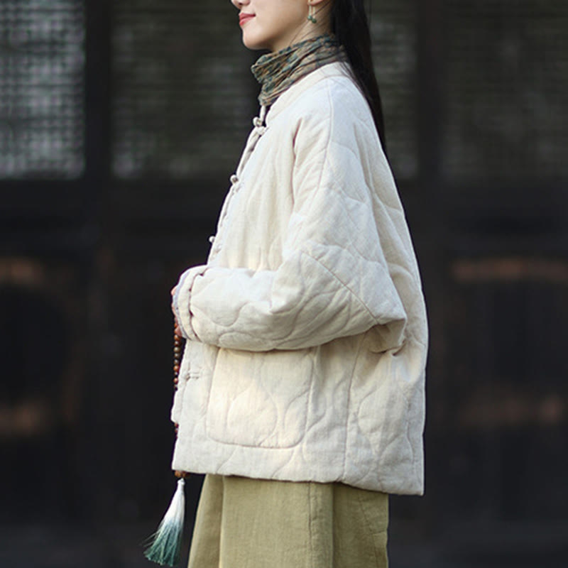 Chaqueta térmica de manga larga para mujer de algodón ramio con botones de rana y líneas curvas de Buddha Stones con bolsillos - image 17