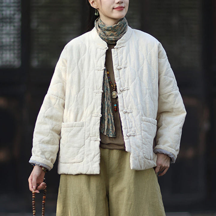 Chaqueta térmica de manga larga para mujer de algodón ramio con botones de rana y líneas curvas de Buddha Stones con bolsillos - image 26