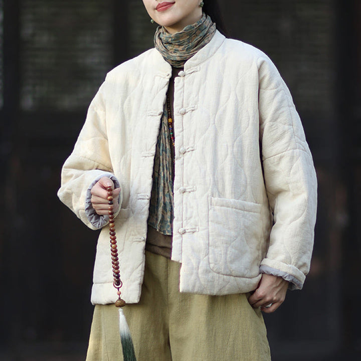Chaqueta térmica de manga larga para mujer de algodón ramio con botones de rana y líneas curvas de Buddha Stones con bolsillos - image 18