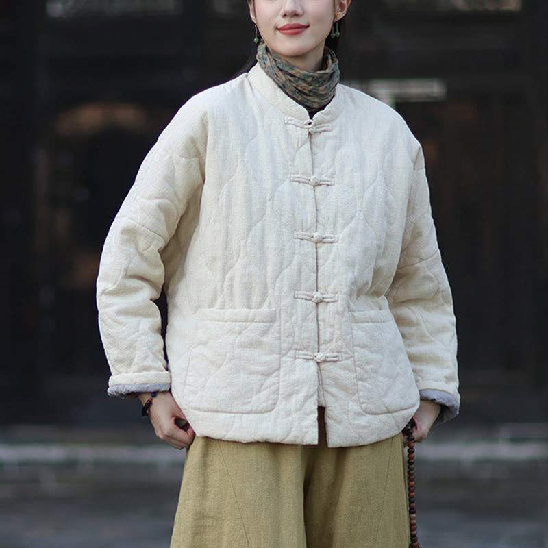 Chaqueta térmica de manga larga para mujer de algodón ramio con botones de rana y líneas curvas de Buddha Stones con bolsillos - image 22