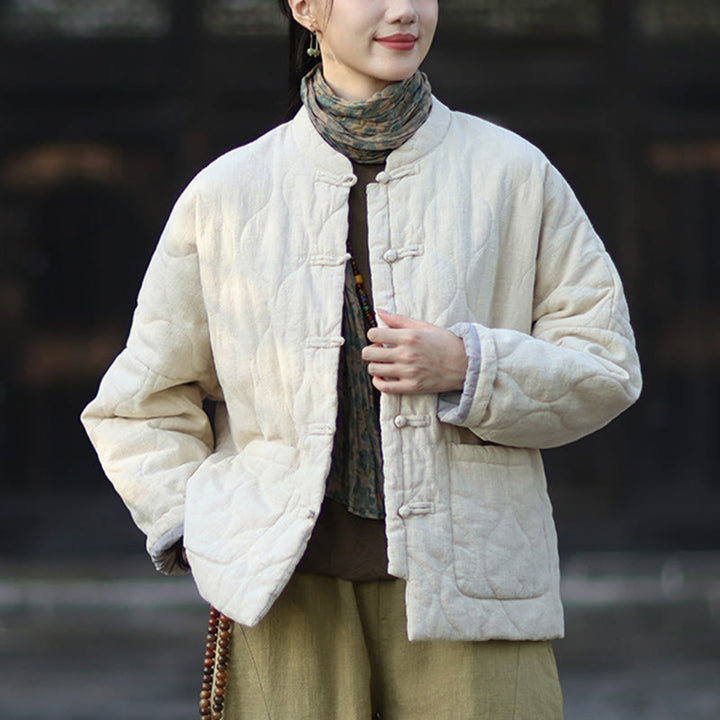 Chaqueta térmica de manga larga para mujer de algodón ramio con botones de rana y líneas curvas de Buddha Stones con bolsillos - image 15