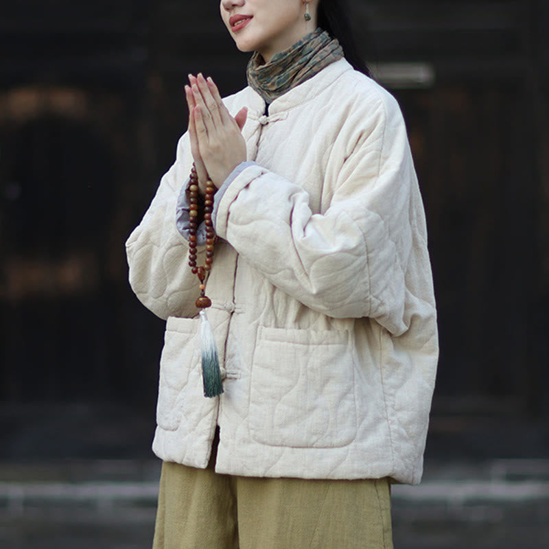 Chaqueta térmica de manga larga para mujer de algodón ramio con botones de rana y líneas curvas de Buddha Stones con bolsillos - image 20