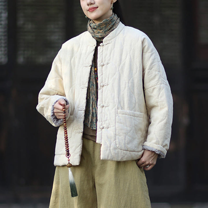 Chaqueta térmica de manga larga para mujer de algodón ramio con botones de rana y líneas curvas de Buddha Stones con bolsillos - image 25